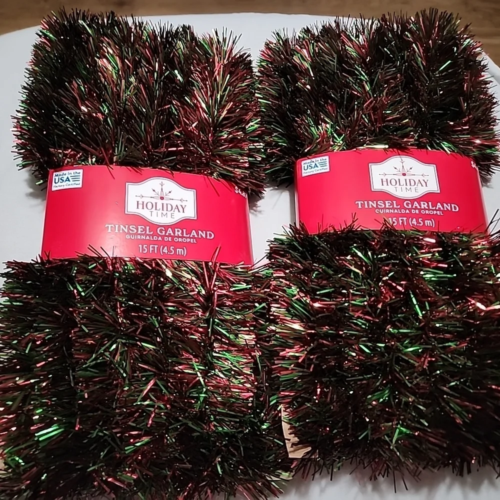 Holiday Time Tinsel Garland Shiny Red/Green Mix 15 Ft each or 30 ft Total Qty 2